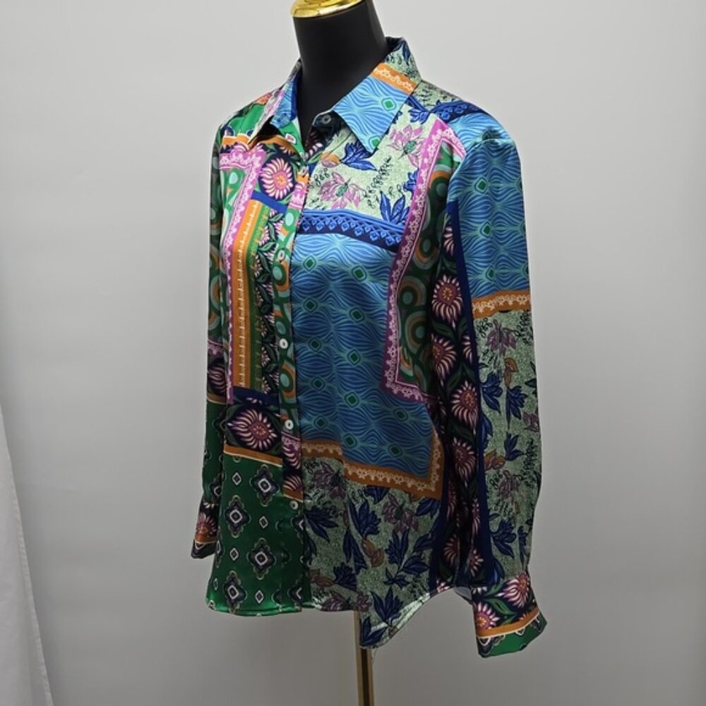 Rachel Zoe Green and Blue Casual Button Down Shirt Button Front Size Medium - Picture 7 of 11